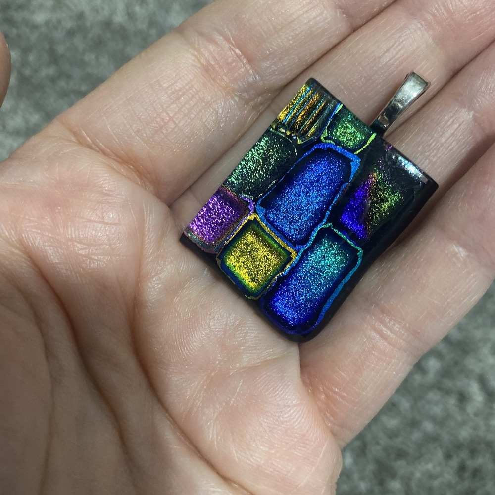 Vintage Pendant Silver Tone Dichroic Fused Glass Multicolored‎ Stunning
